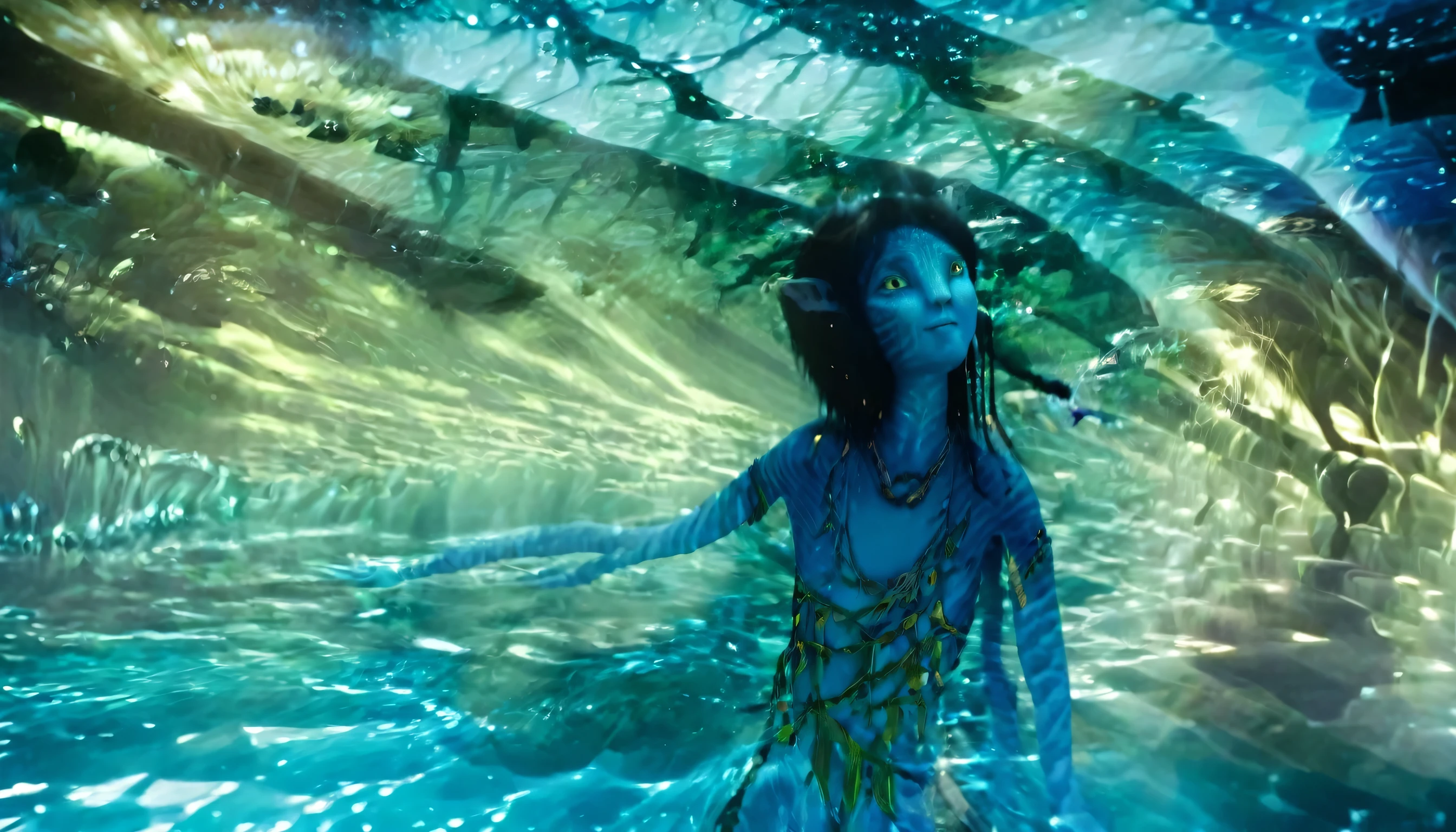 Deep beneath the surface of Pandora’s oceans, the magical underwater realm comes to life. The scene is bathed in shimmering shades of blue and light blue, with beams of sunlight filtering down from above, casting dynamic shadows and illuminating the fantastical underwater landscape. The bioluminescent Tree of Life stands majestically in the center, its glowing tendrils extending outwards, creating a stunning centerpiece. Around it, vibrant bioluminescent aquatic plants and exotic sea creatures add to the scene’s dreamlike beauty. Characters: Jake Sully: Now a full-fledged Na'vi, Jake Sully swims gracefully through the water. His tall, muscular blue figure is covered in bioluminescent patterns that glow softly in response to the surrounding light, blending harmoniously with the underwater environment. His long, braided hair flows freely behind him, accentuating his movement. Jake’s eyes, a vivid yellow, scan his surroundings with both awe and familiarity. His traditional Na'vi jewelry—necklaces and arm cuffs—gleam subtly, adding a touch of culture and identity. He moves with a sense of purpose and connection, as if he is one with the ocean itself, embodying the spirit of a warrior and protector of Pandora. Neytiri: Swimming beside Jake, Neytiri's movements are graceful and fluid, reflecting her deep connection to Pandora's natural world. Her lithe, slender figure is adorned with bioluminescent markings that glow more intensely as she interacts with the underwater flora and fauna. Her long, dark hair, braided with intricate beads, fans out around her, creating a halo-like effect as she swims. Neytiri’s deep blue skin contrasts beautifully with the surrounding water and coral. Her sharp, expressive eyes convey a mix of curiosity and joy as she explores the underwater wonders. She is dressed in traditional Na'vi attire, with colorful beadwork and natural fibers that highlight her warrior heritage and affinity with the environment. Action: Jake and Neytiri glide effo