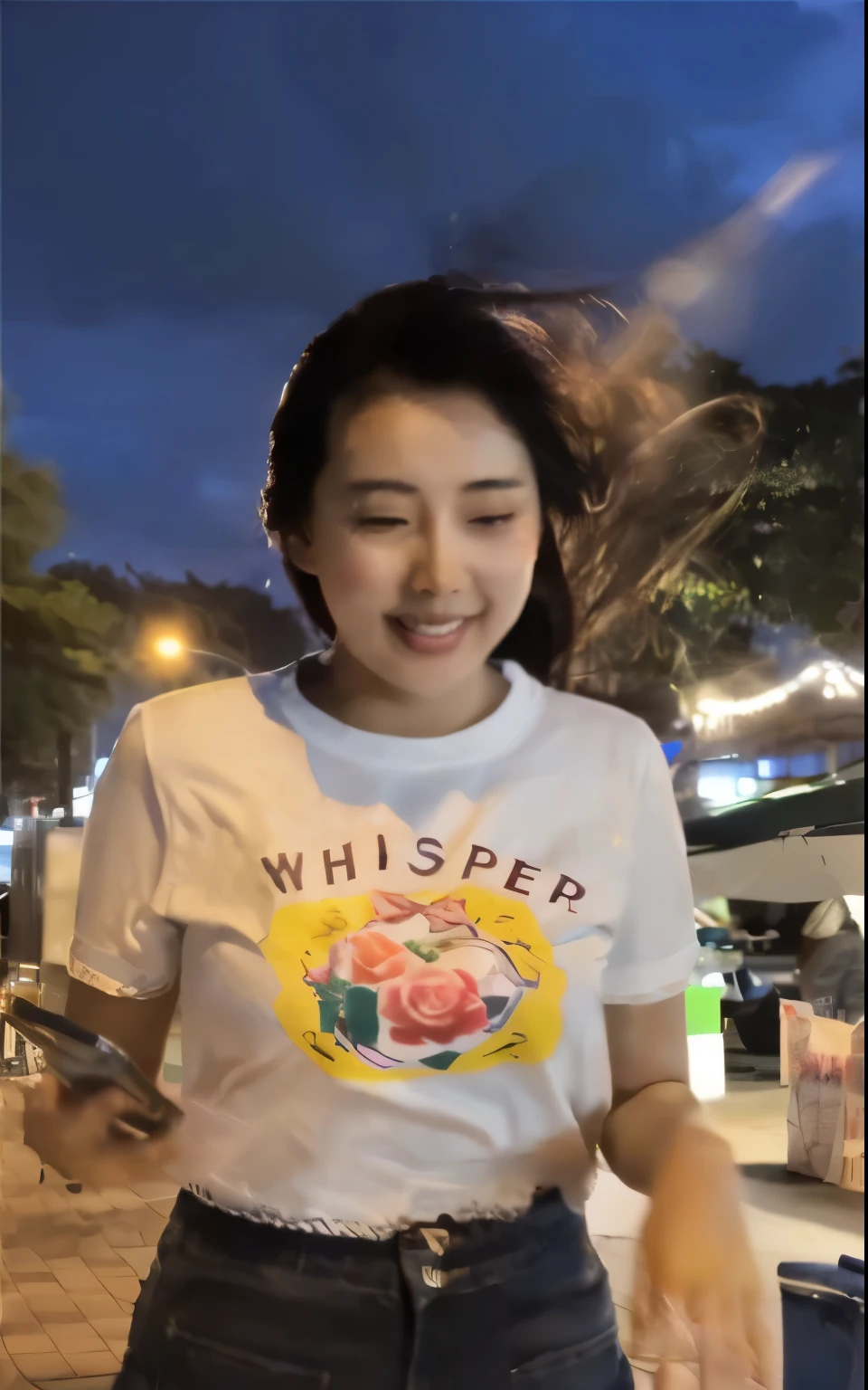 woman in white shirt and jeans standing on sidewalk with food, wearing a t-shirt, a young asian woman, set on singaporean aesthetic, an asian woman, profile image, young asian woman, anime thai girl, jackie tsai style, inspired by Kim Jeong-hui, earing a shirt laughing, lofi girl, gemma chen