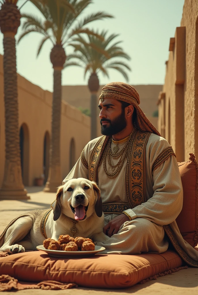 A wealthy Egyptian man in a village has a dog living in luxury, eating kebabs and kofta. Create an image that represents this scene, with colors that look old, as if from the early days of color television.