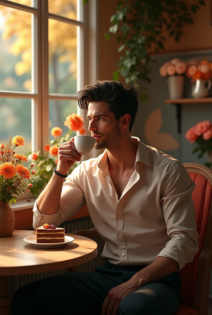 (Masterpiece, High quality, nonsense), 1 man, dark hair, Wavy hair, The eyes are green., perfect face, กีฬาbody, alone, bodyชาย, focus man, Detailed eyes and face, Cozy cafe, lots of flowers, table, Drinking coffee, eat cake, sitting at table in a café, Selfie, shirtคลุม, shirt, trousers, shoe, romantic setting, Autumn outside the window, inform, bare, Extra large, Mass Brutality, Giant muscular body, as a group, skin, bodyใหญ่โต, Large body size, The body is very wide., body