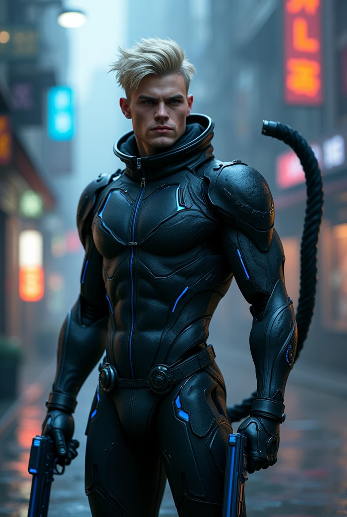 Young handsome man with short blond hair and somboy style face, wearing a futuristic black cybernetic armor with blue details, a black cyber cat tail behind, holding two futuristic blue pistols, in a cyberpunk style night city, epic pose, Masterpiece artwork, precise, High details, lateral view, 3D rendering, conceptual artwork, cinematic lighting