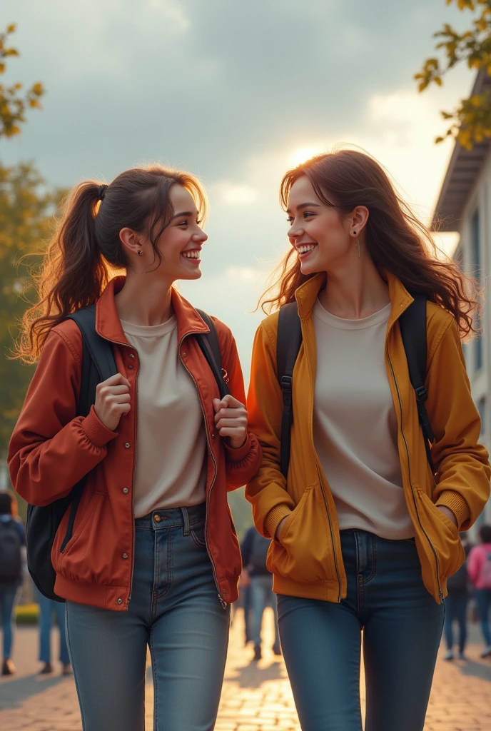 Two female friends laughing at school on a cloudy day

