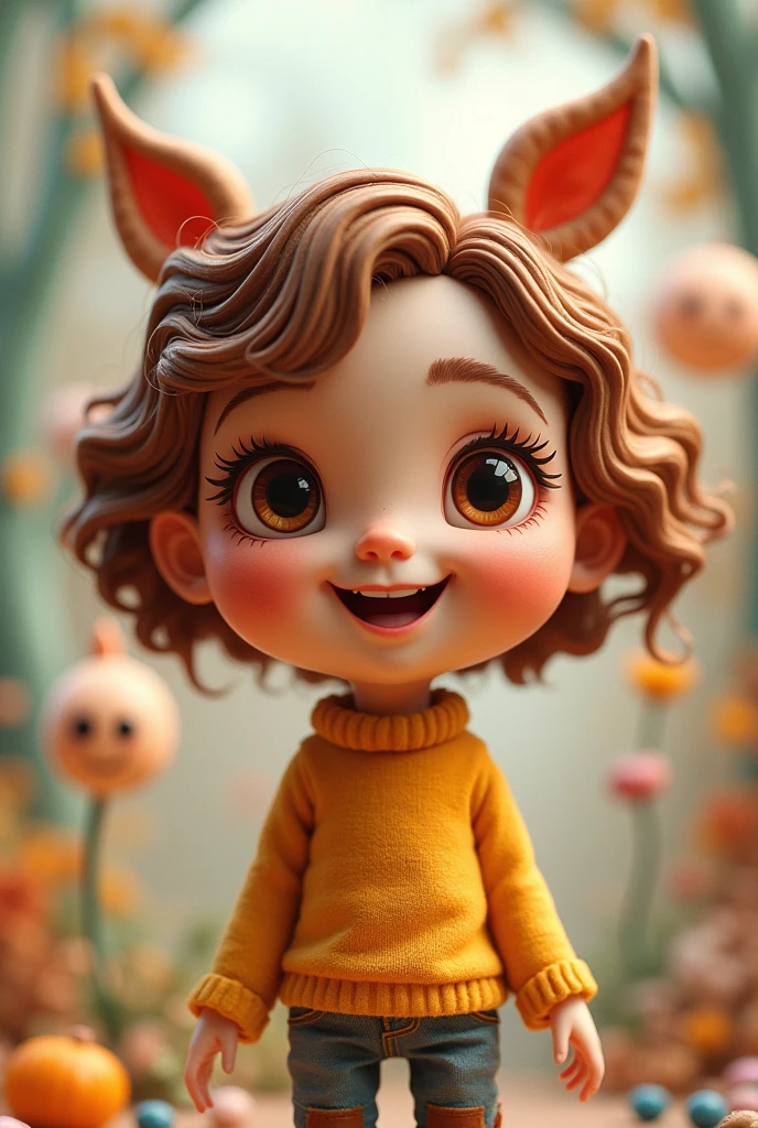 Create a doll , brownhair, eyes browns , Grinning,3d ,drawning