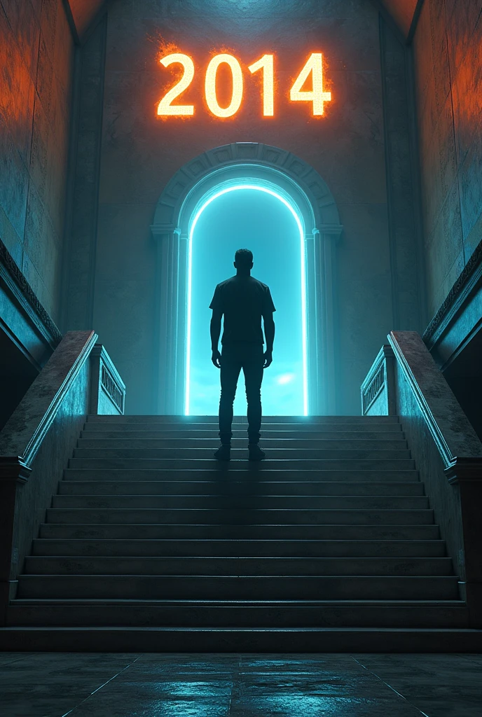 Create a man on top of a futuristic staircase in front of a dark luminous portal.. Above the door it says 2014 with fire. The man is wearing casual but very elegant black clothes..