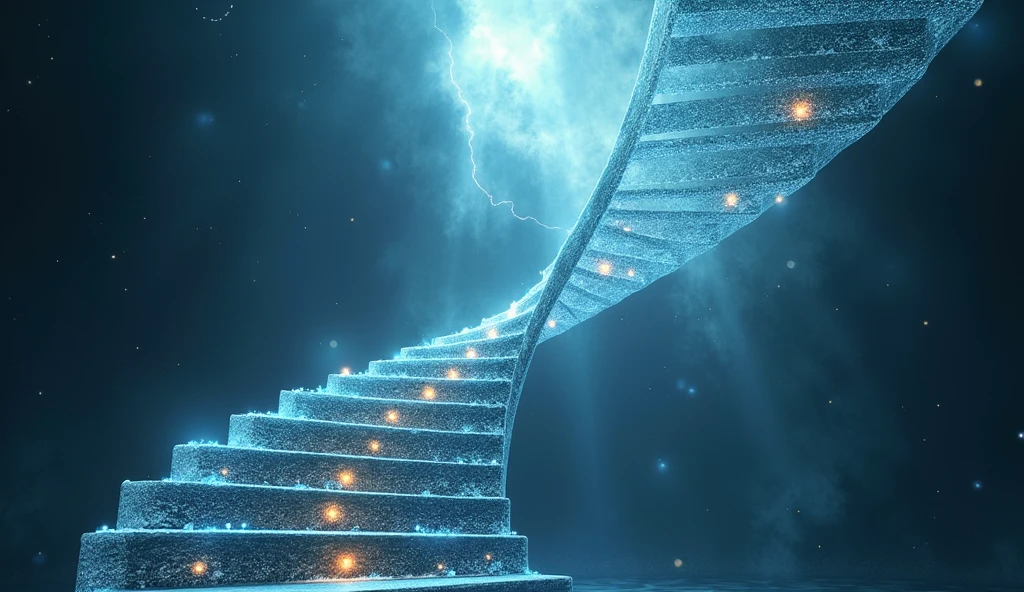 A spiral staircase made of DNA, representing the evolution of human knowledge
