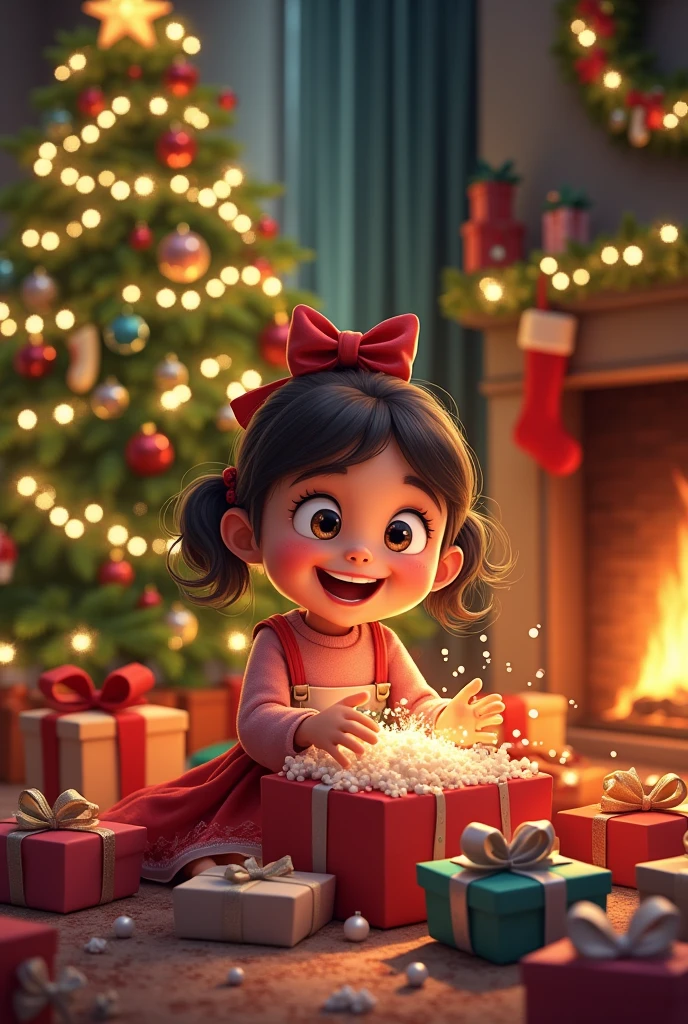 A little jouful girl is opening the chiatmasgifts. There is a pile of gifts under the christmas tree. A fireplace is showing in the background. Christmas spirit and colorful. Animated. 