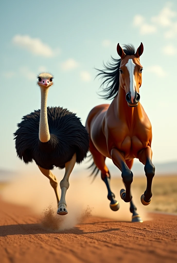 an ostrich ran, with an racehorse