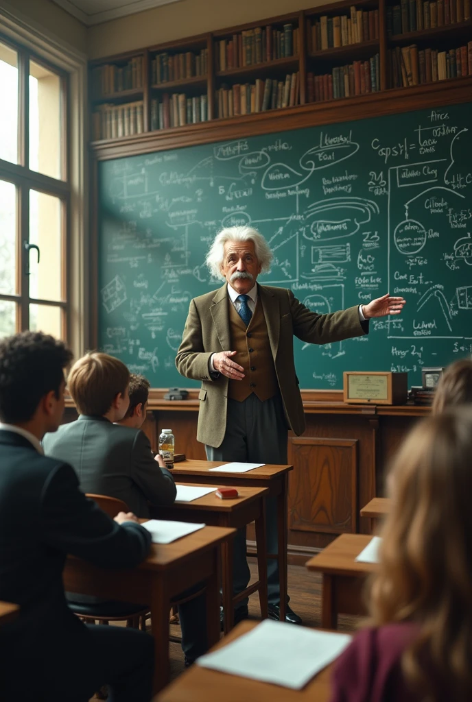 Albert Einstein&#39;s Class, There are equations on the board