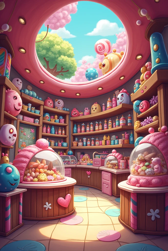 Background of the interior of a candy store, cartoon style drawing