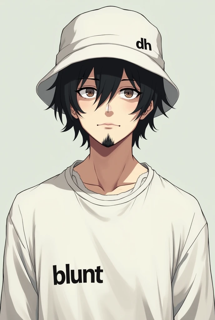 Male character in anime format with a white sweatshirt with the words BLUNT written on it and a white bucket hat with the words DH written on the right corner, with black hair and a goatee, looking serious, looking forward from the abdomen up, with an adult appearance. 