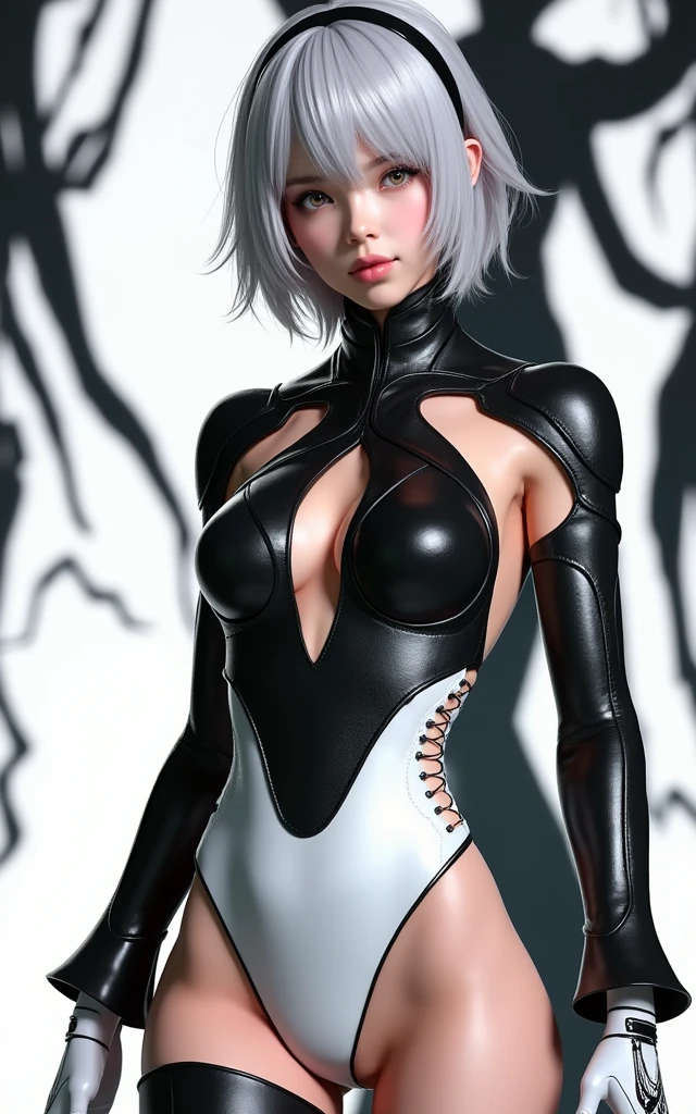 (masterpiece, best quality)), ((((perfect anatomy)))), Caucasian android woman with short silver hair, ((elaborate black dress)) (((white high cut leotard))), big butt, black eye-band, white and black gloves, digital black pattern background, (((photo realistic 3D game model)))