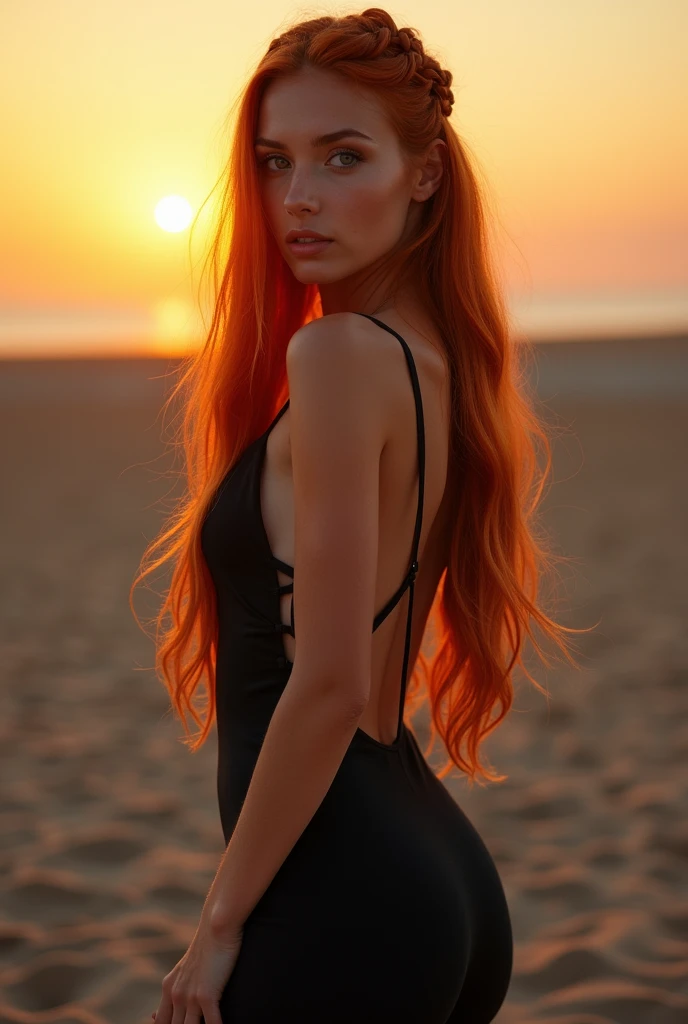 Create an image of the same stunning 20-year-old woman with straight long carrot-red hair, with a braid, gently framing her face. She has a mixed heritage of Latin American and European roots, reflected in her warm, lightly tanned skin and captivating gray eyes. Her figure is an hourglass shape, with a slim waist, well-defined hips, and a toned, athletic build. Her posture exudes confidence and femininity, she stands at the sunset in a sexy evening dress, front view
