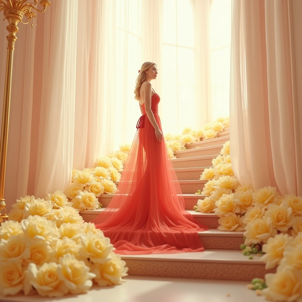 На goldй красивой художественной лестнице, Curved, interesting shape, there is a cute blonde in a beautiful red dress with a bow, Transparent dress, in extravagant clothes, away from the light pink white fog around and at the feet, minimalist, elegant, pure gentle, Soft bright light, veil, sheer curtains, lace beautiful lingerie, beautiful white staircase with yellow flowers along the entire staircase,, photorealistic. , with huge and long dark yellow petals. (petal made of thin and soft tulle, flowing petals full background, Mix of yellow green light smoke and fog effects from ground fog and petals). Extravagant, beautiful woman full length, nice legs, shoes, , lace,gold, golden staircase, strewn with pale yellow flowers , screw gold things, tall candilabra,