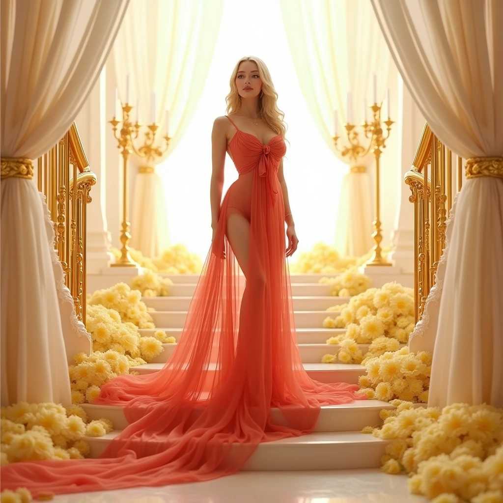 На goldй красивой художественной лестнице, Curved, interesting shape, there is a cute blonde in a beautiful red dress with a bow, Transparent dress, in extravagant clothes, away from the light pink white fog around and at the feet, minimalist, elegant, pure gentle, Soft bright light, veil, sheer curtains, lace beautiful lingerie, beautiful white staircase with yellow flowers along the entire staircase,, photorealistic. , with huge and long dark yellow petals. (petal made of thin and soft tulle, flowing petals full background, Mix of yellow green light smoke and fog effects from ground fog and petals). Extravagant, beautiful woman full length, nice legs, shoes, , lace,gold, golden staircase, strewn with pale yellow flowers , screw gold things, tall candilabra,