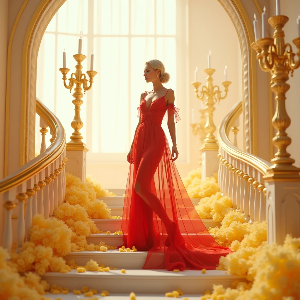 На goldй красивой художественной лестнице, Curved, interesting shape, there is a cute blonde in a beautiful red dress with a bow, Transparent dress, in extravagant clothes, away from the light pink white fog around and at the feet, minimalist, elegant, pure gentle, Soft bright light, veil, sheer curtains, lace beautiful lingerie, beautiful white staircase with yellow flowers along the entire staircase,, photorealistic. , with huge and long dark yellow petals. (petal made of thin and soft tulle, flowing petals full background, Mix of yellow green light smoke and fog effects from ground fog and petals). Extravagant, beautiful woman full length, nice legs, shoes, , lace,gold, golden staircase, strewn with pale yellow flowers , screw gold things, tall candilabra,  