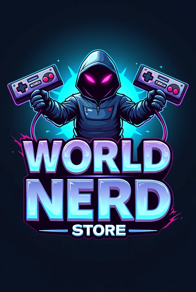 Create a vibrant, futuristic logo for a geek clothing and merchandise store, aimed at young audiences. The design should feature a fictional character in the style of old pixelated games, similar to classic Nintendo games. This character should be holding a pair of video game controllers as if they were weapons in an attacking position., with a dynamic and heroic pose. Use bold and metallic colors, as electric blue and silver, and include modern, stylized fonts for the store name. The logo should convey a sense of innovation and fun., combining a retro geek aesthetic with futuristic elements, use large letters for "World Nerd" and in smaller letters "store"