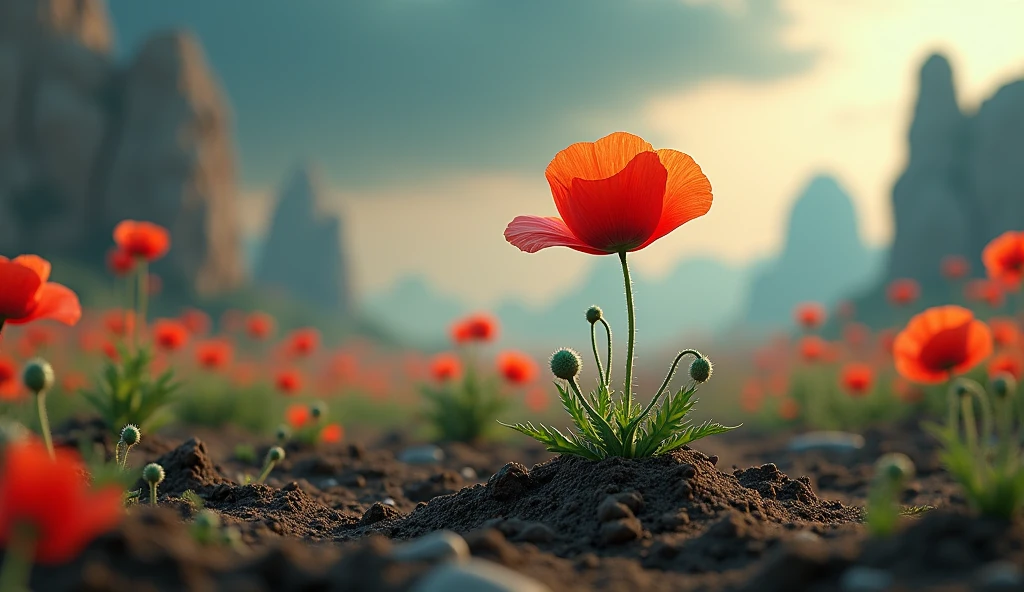 Create a 3d image of a germinating poppy with an extraordinary background In horizontal size, as for a wallpaper 