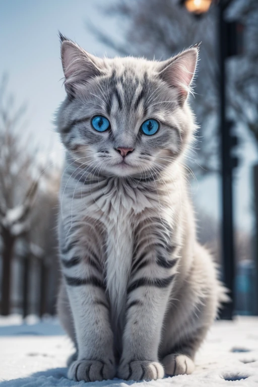 Cat with coat with mixture of white, light gray and dark gray color, bright blue eyes, resting its head on its paws. Camera in the foreground. Blurred scenery in the background., Realism, cinematic lighting, super detail, high quality, best quality, highres