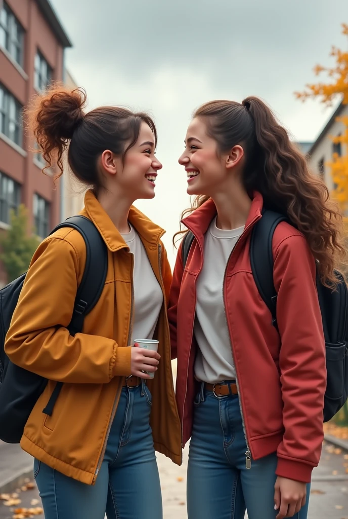 Two female friends laughing at school on a cloudy day