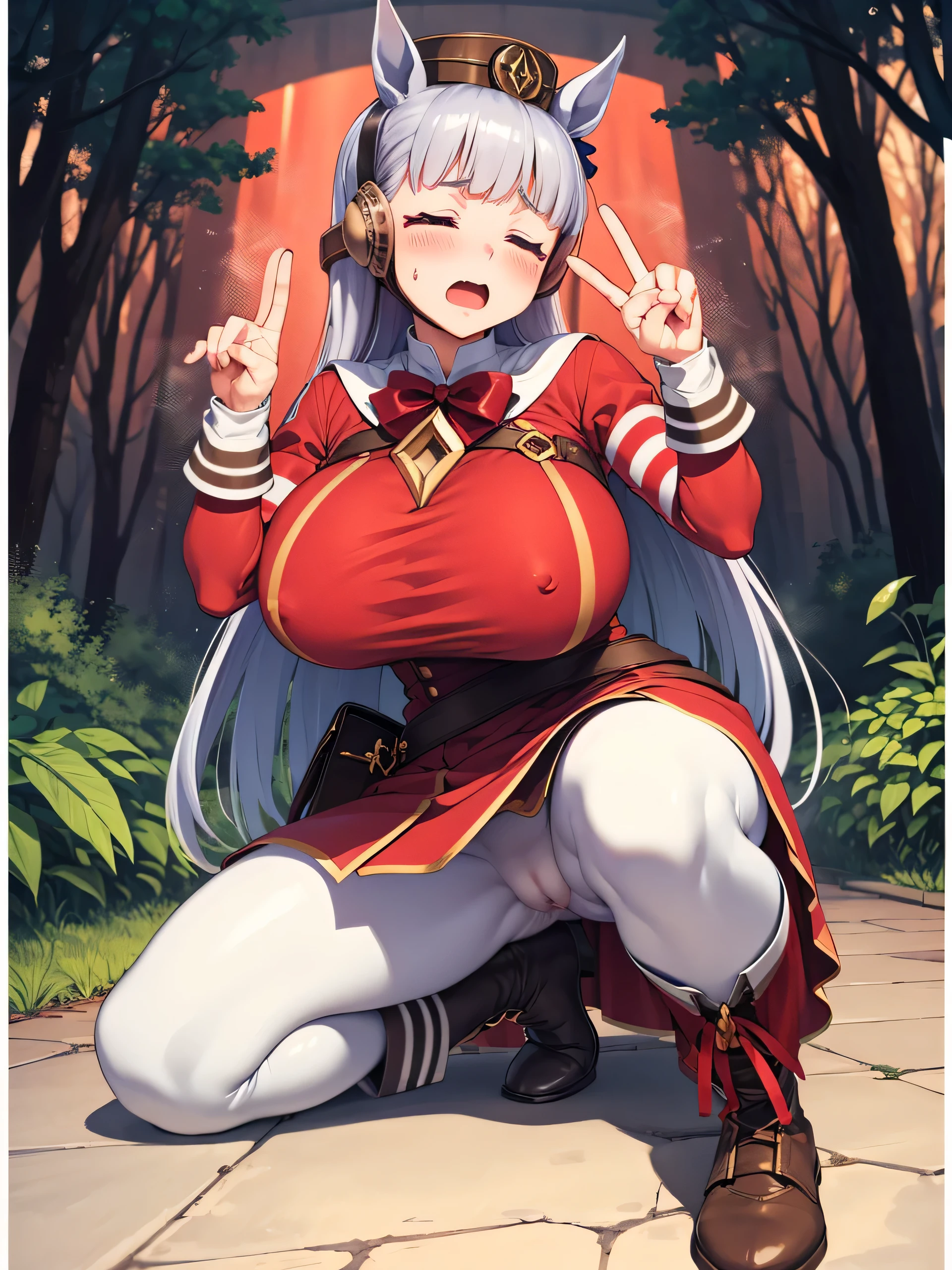 Dark color depiction、(masterpiece, Highest quality:1.2), alone, One girl, umpd gold ship, pillbox hat, Red dress,No sleeve, White Pantyhose, boots, Horse tail, blush、in the forest、(Huge breasts:1.4)、Pussy、Thick white love juice、Drip a large amount of love juice、Background Nature、Intense masturbation、Intense masturbation、blush、Close your eyes and scream、Sweat、Pleasure、Stand up with your legs open、Spread your legs、orgasm、Pee、incontinence、Pussyに指を入れる、Touching the groin、Clothes are see-through、Pussyをいじる、Pussyを穿る、Climax、To convulsions、Feels good、heart、Nipples are visible through the