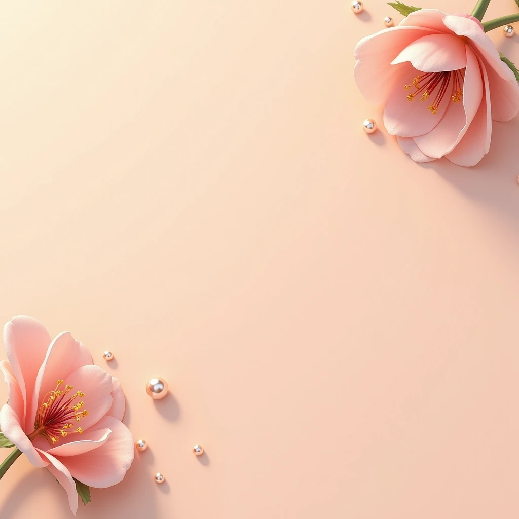 "Create a unique and elegant jewelry background with a soft peach-colored surface. Position delicate pink flowers in the left bottom corner and the right upper corner, with each flower subtly adorned with beads and pearls. The flowers should cast gentle shadows, adding depth and realism to the scene. The overall composition should feel balanced and luxurious, with soft lighting to enhance the details of the flowers and the subtle sheen of the beads, making the background perfect for a standout jewelry display."