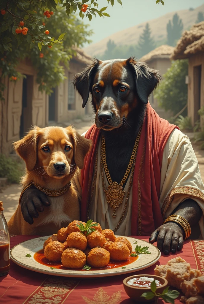 A wealthy man in a village has a dog living in luxury, eating kebabs and kofta. Create an image that represents this scene, with colors that look old, as if from the early days of color television.