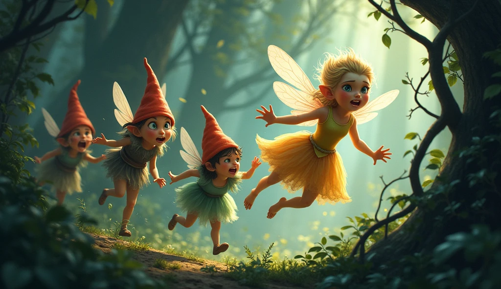 **Fairies:**
- Fairies are small magical creatures with pale, delicate skin, contrasting with their golden hair that shines brightly in the light. They are approximately 15 centimeters tall and their wings are thin and translucent, resembling the wings of a dragonfly.
- Fairies wear shimmering dresses, which reflect various colors, ranging from shades of blue, silver and pink. The dresses are light and fluttering, giving the impression that the fairies are floating in the air, even as they run in panic.
**Gnomes:**
- Gnomes are small, robust creatures, with dark skin and strong facial features. They are about 30 centimeters tall and their large, round eyes show an expression of fear and urgency.
- They wear colorful, pointy hats, ranging from red, blue, green and yellow, which stand out against the dense forest around them. Their clothes are simple, made of rustic fabrics, with leather pants and boots. **Action and Atmosphere:**
- Both the fairies and the gnomes are running desperately through the forest, with panicked expressions on their faces. The fairies fly low as they run, their wings beating rapidly, while the gnomes move quickly between the trees and bushes.
- The surrounding forest is dense and dark, with tall trees and intertwined branches creating eerie shadows. The vegetation is thick with leaves and low-hanging branches that the characters try to avoid as they run.
**Ambience and Lighting:**
- The lighting in the scene is darker, with light filtering through the treetops, creating an eerie and tense atmosphere. The shadows around the characters heighten the sense of fear and urgency, while the fairies' dresses and gnomes' hats provide a vibrant contrast against the dark forest backdrop. 2D, Cartoon.