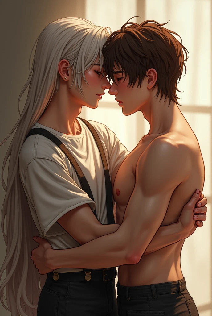 Two men are standing close to each other. One man has short platinum hair styled like Rapunzel and the other man has brown hair. The brown-haired man is holding the waist of the shorter man.
The image must be of two men, one of them is YOONGI and TAEHYUNG is the one with brown hair.
The man with platinum hair is skinny and the other one is very muscular.
YOONGI's hair is platinum and hip-length.. Realistic image of the two men.
Realism image