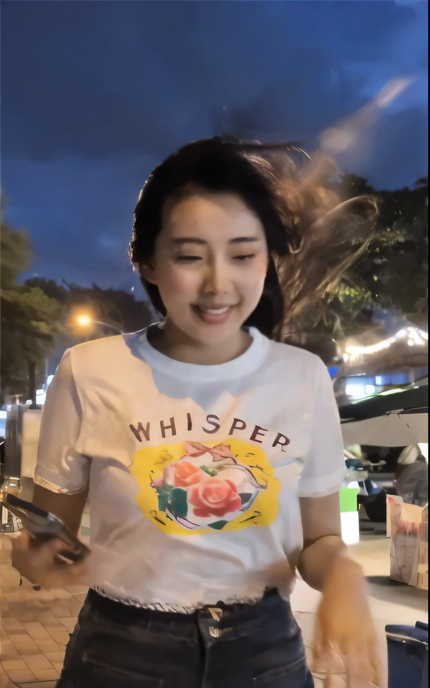 woman in white shirt and jeans standing on sidewalk with food, wearing a t-shirt, a young asian woman, set on singaporean aesthetic, an asian woman, profile image, young asian woman, anime thai girl, jackie tsai style, inspired by Kim Jeong-hui, earing a shirt laughing, lofi girl, gemma chen