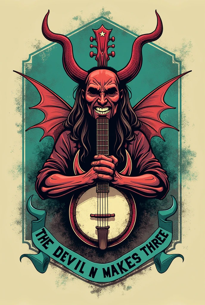 {
"prompt": "Design a t-shirt logo for 'The Devil Makes Three' band. Create a central image with a vintage, rugged aesthetic featuring elements like a devil’s trident or horns, combined with a classic musical instrument such as a banjo or guitar. Use a distressed, hand-drawn style for the illustration. Include the band's name 'The Devil Makes Three' in bold, rustic font, integrated with the central image or placed prominently around it. Use a color palette of deep reds, dark grays, and browns. The design should have a transparent background, but display against a contrasting color background that does not match the main design, such as a bright turquoise or neon green.",
"size": "1024x1024",
"background": "transparent",
"background_color": "turquoise"
}
