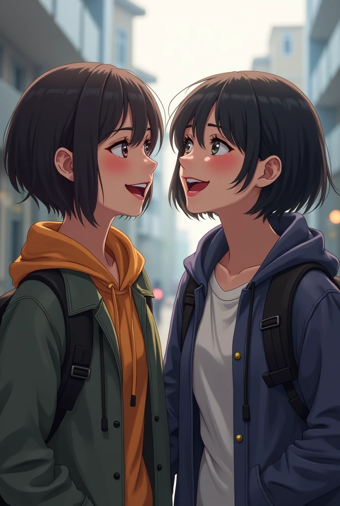 Two female friends with short hair laughing at school on a cloudy day