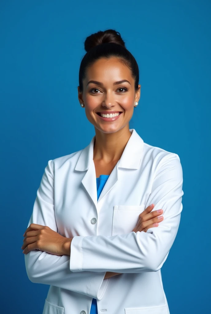 "Create an image of a white Brazilian nurse wearing a white lab coat, with medium brown skin and dark hair tied back in a simple bun. She should be a middle-aged woman, slightly overweight, with a warm, professional expression. The background should be a solid royal blue, providing a strong contrast to her white lab coat. The overall composition should emphasize her approachable and caring demeanor.