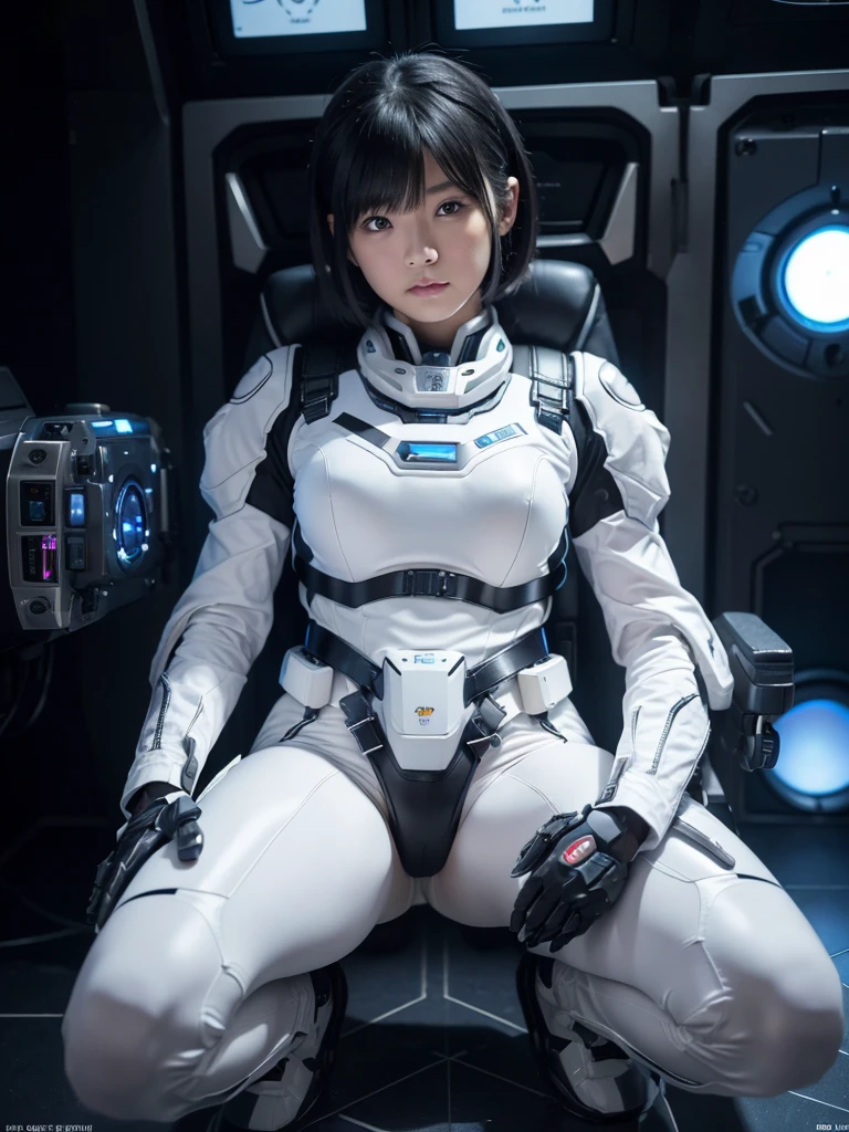 (Ultra-high resolution,Realistic,Highest quality,Photorealistic),(8k,RAW Photos,Highest quality,masterpiece),(Photon Mapping,Radio City,Physically Based Rendering,Auto White Balance),Japanese female android,Black Hair,The spaceship's cockpit,Holding the control lever between her legs,Secured to the seat with a thick harness,Plump,Slightly thicker,Squat,White robot suit,There is a control panel on the chest.,Surrounded by machines,