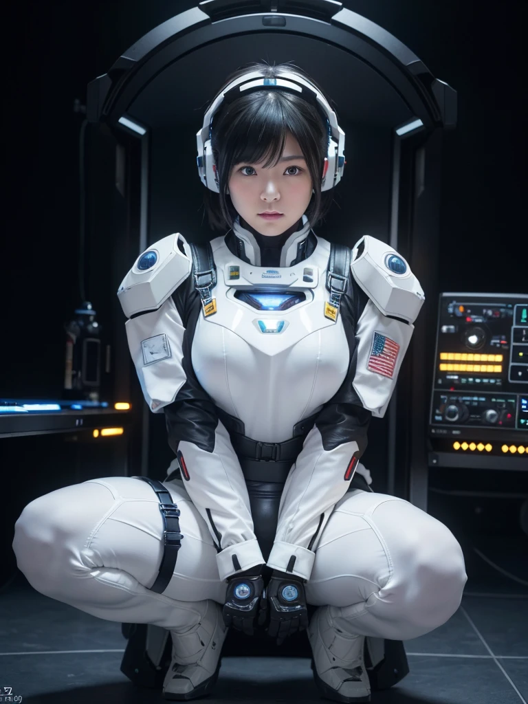 (Ultra-high resolution,Realistic,Highest quality,Photorealistic),(8k,RAW Photos,Highest quality,masterpiece),(Photon Mapping,Radio City,Physically Based Rendering,Auto White Balance),Japanese female android,Black Hair,The spaceship's cockpit,Holding the control lever between her legs,Secured to the seat with a thick harness,Plump,Slightly thicker,Squat,White robot suit,There is a control panel on the chest.,Surrounded by machines,