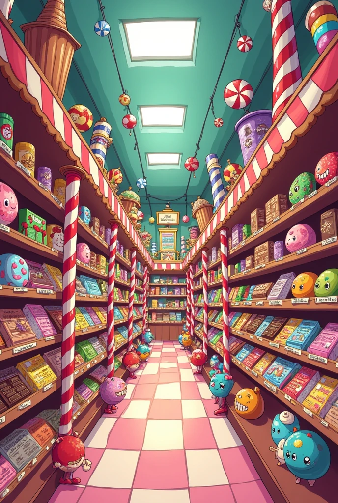 Background of the interior of a candy store, cartoon style drawing horizontally