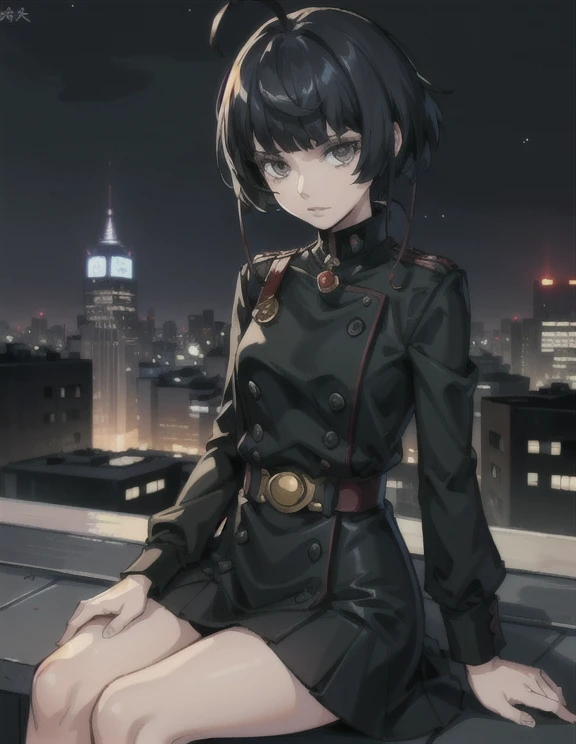 ((masterpiece, best quality))
 Persona5TaeTakemi, 1girl, solo, short hair, black hair, brown eyes, Overlooking the city from a rooftop bar at night, chic outfit, sitting