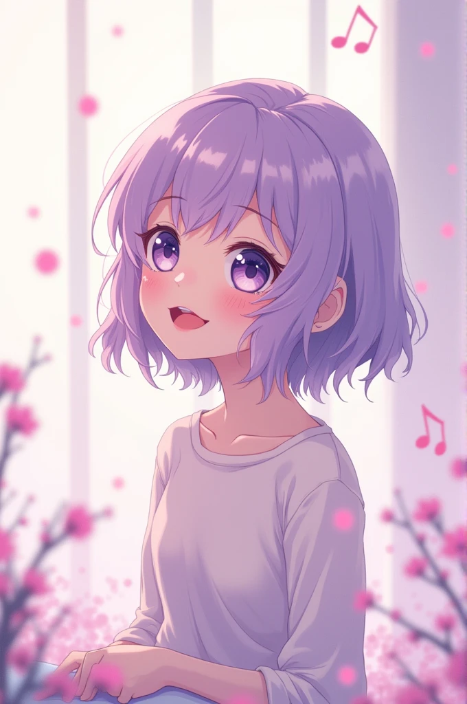 Create an image of a girl Cute anime version smiling with pastel lilac hair listening to music