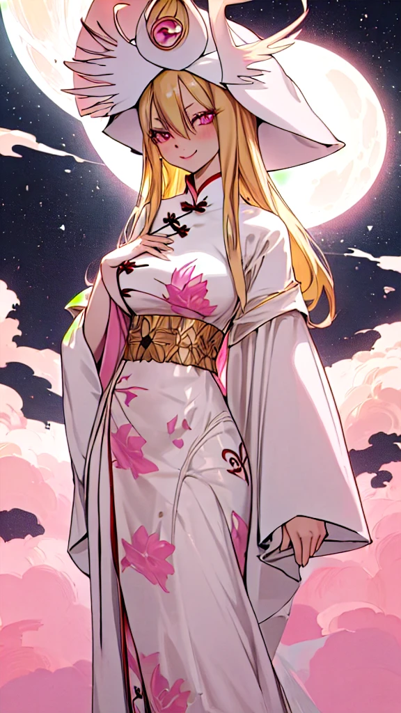 ftselenekim, pink eyes, mature female, blonde hair, hat, clothes, ftselenecas, pink eyes, blonde hair, maturefemale , Chinese dress, long dress, moon, white clothes , big chest, smile, perfect waist