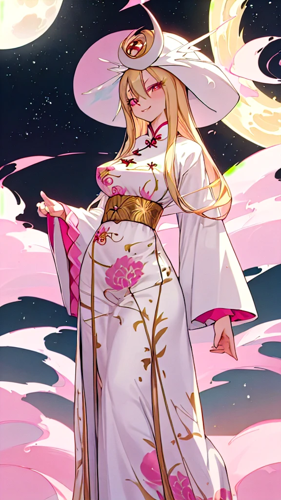 ftselenekim, pink eyes, mature female, blonde hair, hat, clothes, ftselenecas, pink eyes, blonde hair, maturefemale , Chinese dress, long dress, moon, white clothes , big chest, smile, perfect waist