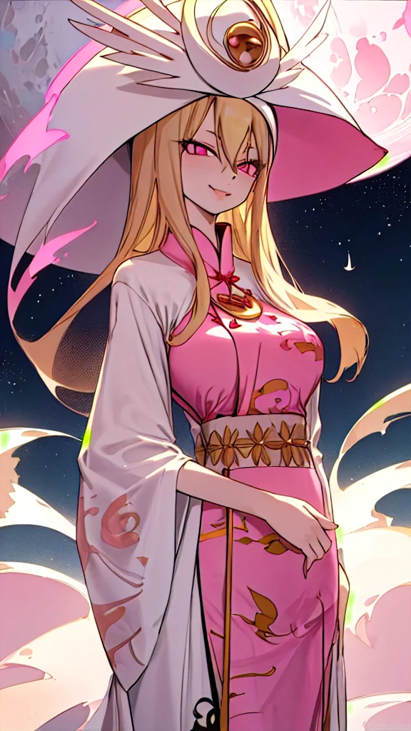 ftselenekim, pink eyes, mature female, blonde hair, hat, clothes, ftselenecas, pink eyes, blonde hair, maturefemale , Chinese dress, long dress, moon, white clothes , big chest, smile, perfect waist