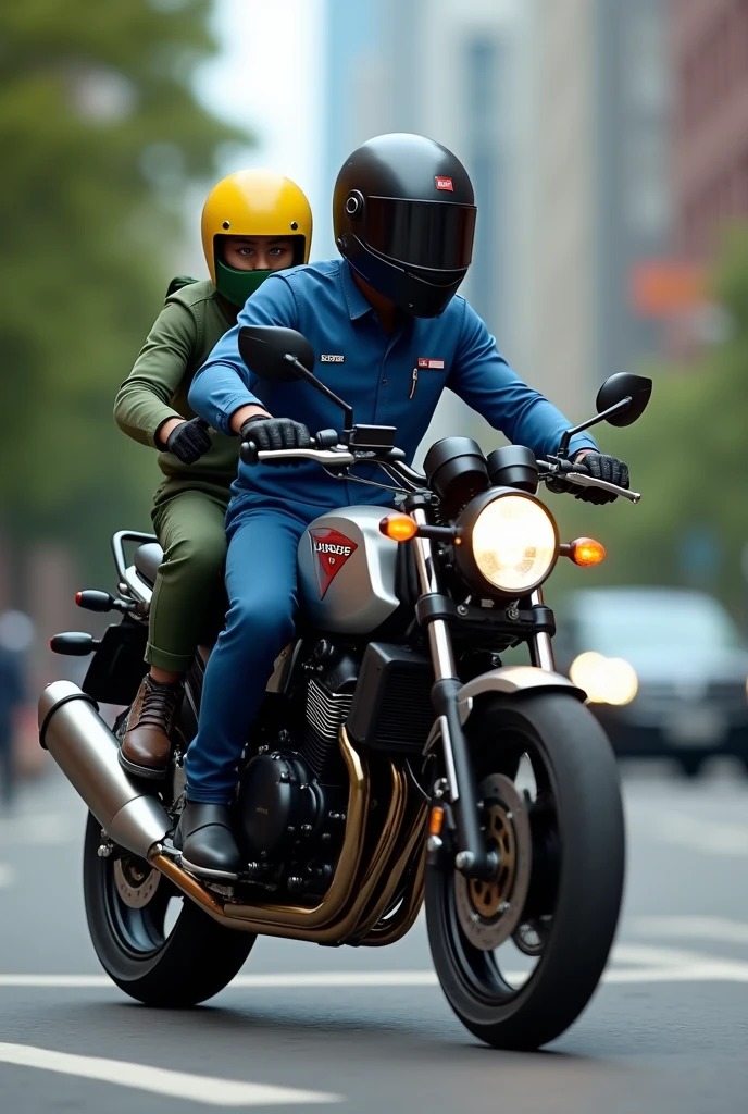 2 on the motorcycle Uber app driver motorcycle with passenger Suzuki GSR 750 blue 99 motorcycle With yellow helmet and green helmet Ninja passenger Uber app driver motorcycle sideways with passenger Suzuki GSR 750 blue 99 motorcycle With yellow helmet and green helmet Ninja passenger