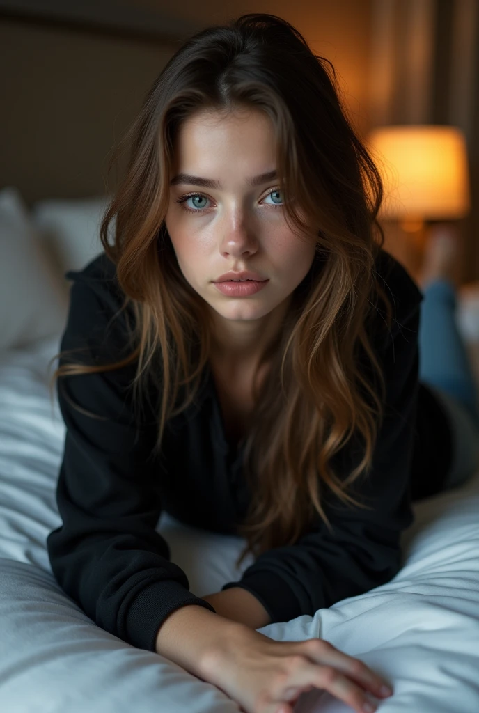 beautiful european girl with blue eyes and brown hair, she is lying on the bed on her back ready to be fucked, she is wearing a black hoodie, she is wearing white sneakers and white jeans, ultra High resolution, (fotorrealista: 1. 4), High resolution, (finely detailed skin), (blue eyes), (perfect proportions) (realistic photos) (masterpiece) (fotorrealista), ultra-realistic (Best quality) (detailed) photographed with a Canon EOS R5, 50mm lens, f/2.8, (8k) (Wallpaper) (cinematic lighting) (dramatic lighting) (complex) mode.