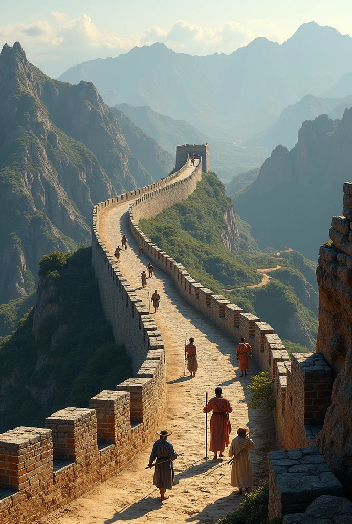 A panoramic view of the early Great Wall construction. Show workers in ancient attire building the wall with basic tools and materials, against a rugged mountainous backdrop.
Effects: Use natural colors and shadows to reflect the harsh conditions of the time. Apply a slightly aged or weathered look to the structures and environment to enhance realism.