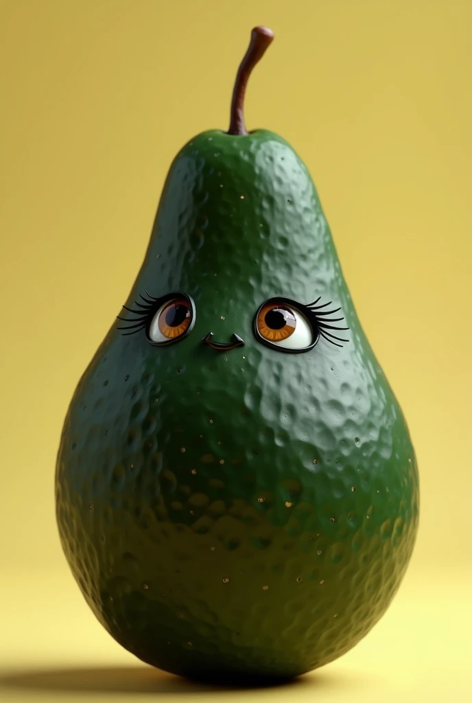 An animated black avocado with eyelashes