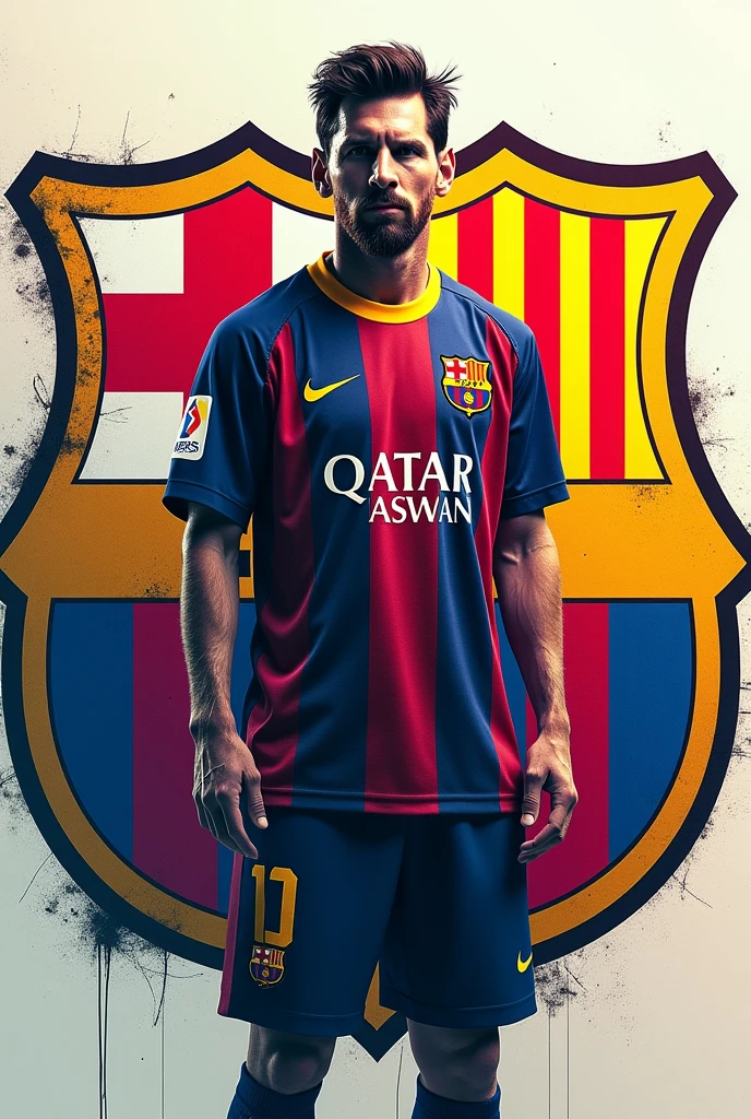 Create an image of Cruzeiro's shield together with Barcelona's with Messi in the image