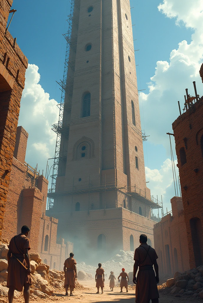 An image showing the enormous tower under construction, with workers using primitive materials like bricks and tar, highlighting the impressive height they were trying to reach.
