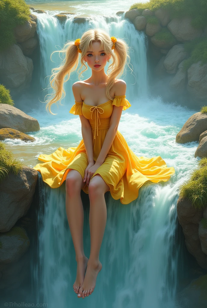  in yellow dress with bow, pigtails, wavy blonde hair and sitting on the edge of the waterfall