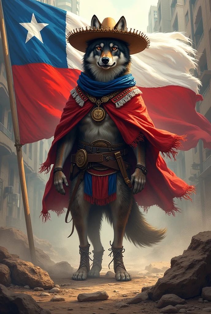 Make a wolf in Chilean cueca huaso clothing, Taking an earthquake and with the Chilean flag in the background