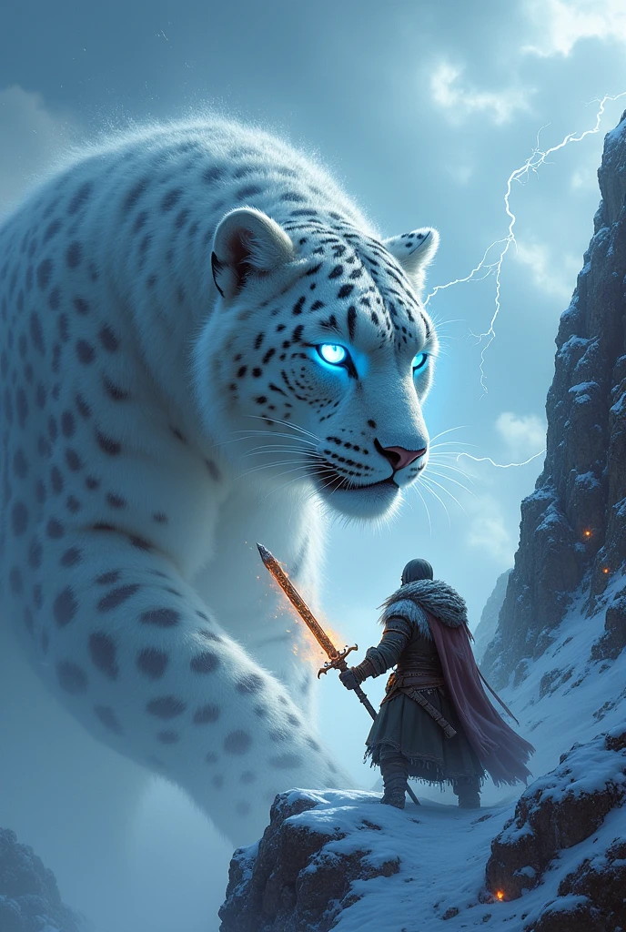 "A lone adventurer, wearing snow-covered, battle-worn armor, stands atop a narrow, icy ridge, wielding an ancient, glowing weapon. Below, a colossal, snow leopard with frost-covered fur emerges from a blizzard, its eyes glowing with a cold, otherworldly blue light. The beast's breath freezes the air around it, creating a menacing, misty aura. The adventurer, illuminated by the weapon's light, is poised to strike, with the stormy sky above crackling with thunder and lightning. The atmosphere is charged with tension, the wind howling, snow swirling, and the dark, foreboding environment emphasizing the epic confrontation."

Suggested SeaArt AI Settings:

Model Selection:
Choose a High-Resolution Model: Opt for a model known for detailed texture rendering and atmospheric effects. If SeaArt AI has options like "Ultra-Realistic" or "Cinematic," choose that.
Style Settings:
Style Strength: Increase to enhance the dramatic effect (around 80-100%).
Detail Level: Set to maximum or close to it. Aim for highly detailed textures in both the adventurer and the beast, especially in the fur and snow.
Lighting and Shadows: Boost to create strong contrasts. You want deep shadows and sharp highlights to emphasize the glow from the weapon and the lightning in the sky.
Environment Settings:
Weather Effects: Maximize snow effects and wind to enhance the blizzard feel.
Atmospheric Lighting: Choose settings that allow for dynamic lighting—perhaps something like "Stormy" or "Dramatic."
Color Palette: Stick with cold tones (blues, whites, grays), but allow for some warm highlights (glow from the weapon, lightning) to create contrast.
Focus and Depth of Field:
Focus on the Adventurer and Beast: Make sure both the adventurer and the beast are sharply in focus, with the background slightly blurred to emphasize their confrontation.
Depth of Field: Set to medium. You want the focus to remain on the main characters, but the environment should still feel vast and intimidating.
Character Dynamics:
A
