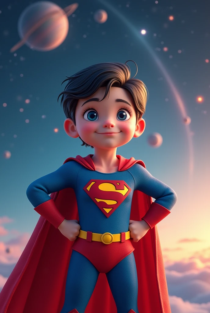 Super hero ??? male, white human skin, blue eyes, superman clothes, place: space. Upturned and round nose. Medium length hair swept to the side dark brown . 5 years 